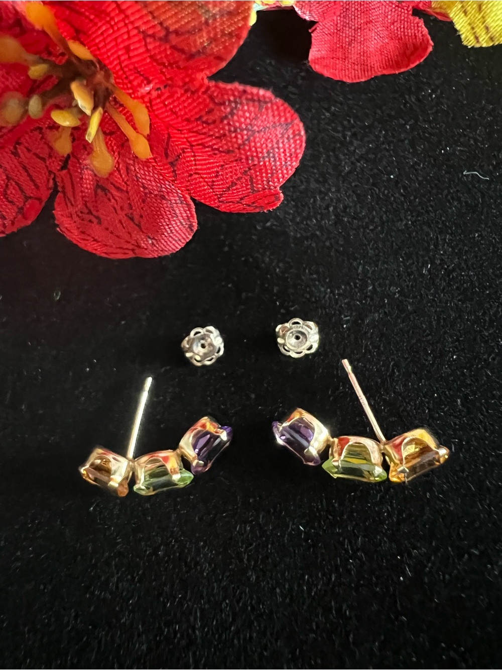 14k Solid Yellow Gold Multicolor Gemstone Earrings - Picture 7 of 12